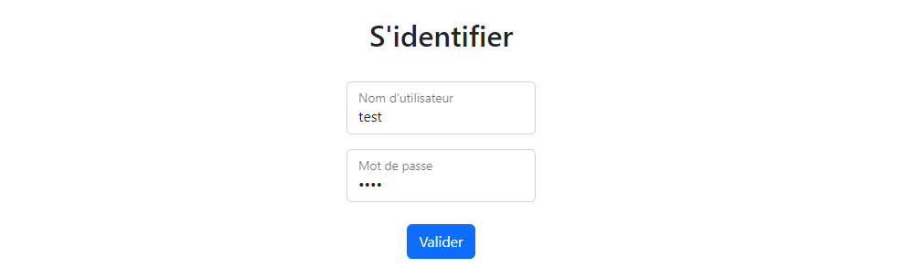 Login page avec le username test