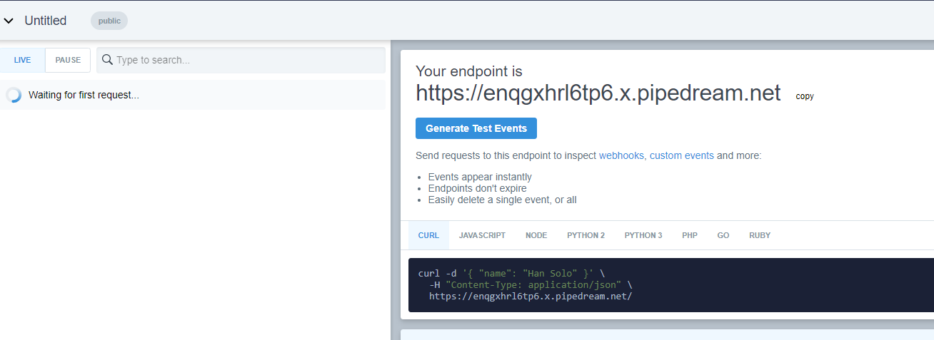 Endpoint créé sur RequestBin