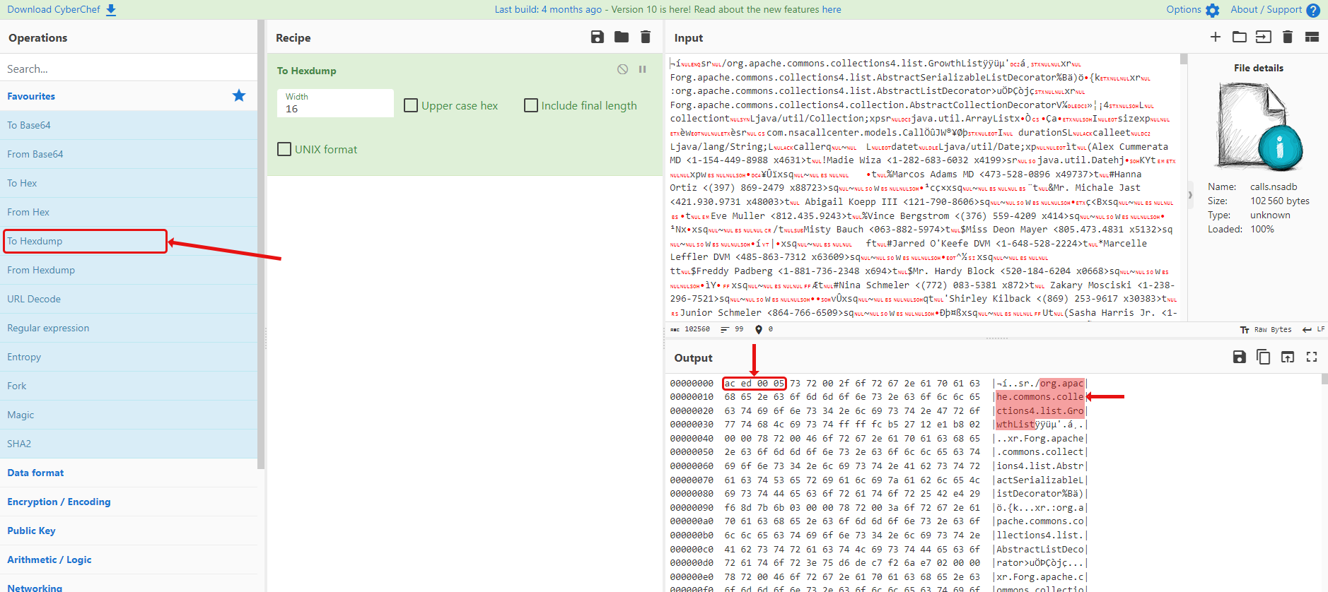 Hexdump du fichier calls.nsadb