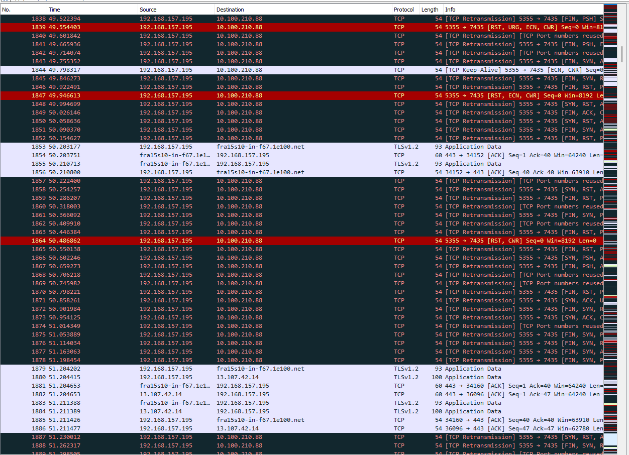 Erreurs TCP entre 192.168.157.195 et 10.100.210.88